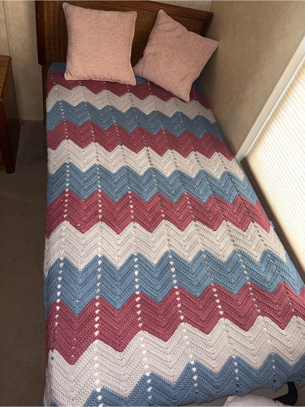 Hand Crocheted Chevron Ripple Afghan Throw Blanket Pink Blue Cream Twin Vintage